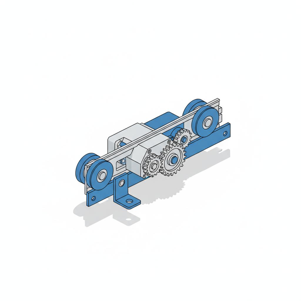 Close up 2D vector of van sliding door track and motor assembly in a well lit garage showing track rollers motor housing and fasteners honda odyssey for sale