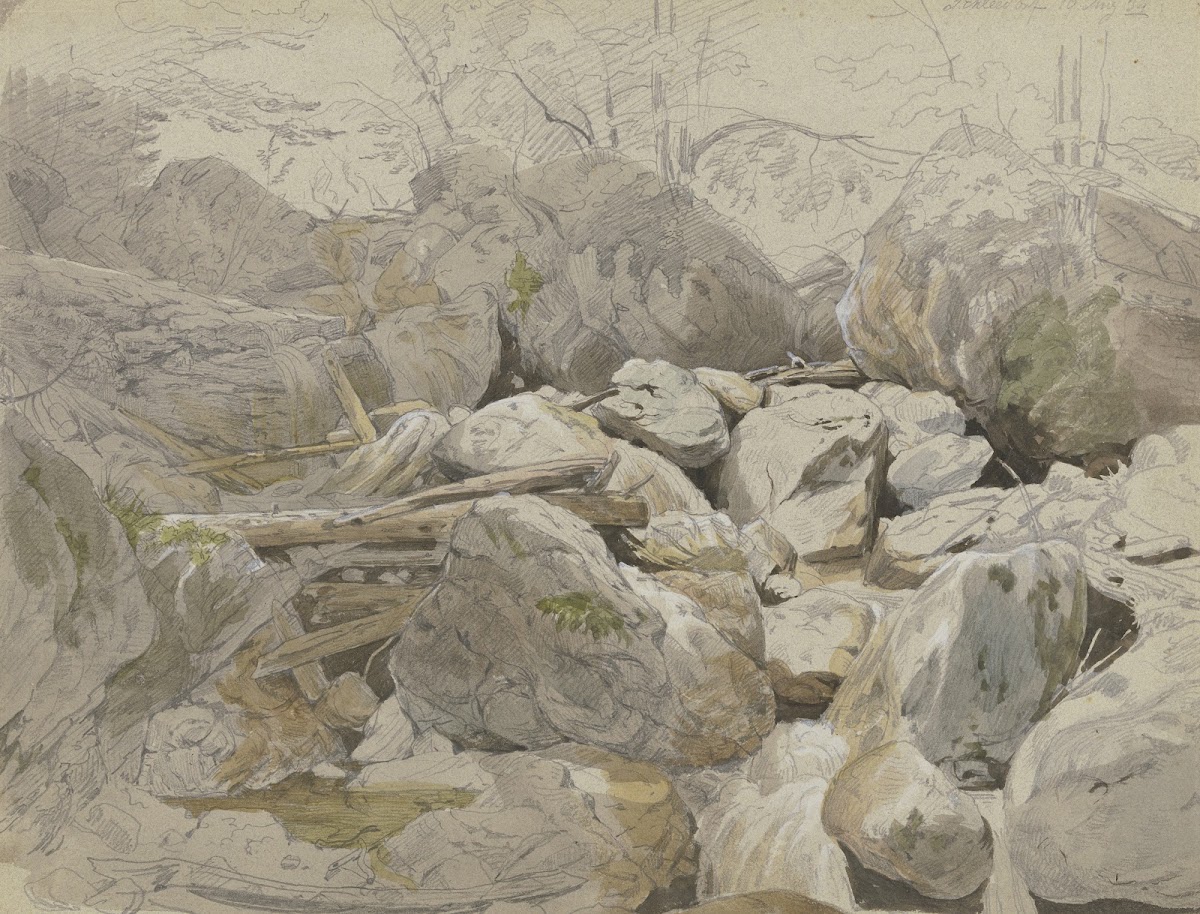 Wasserfall zwischen Felsblöcken 1834