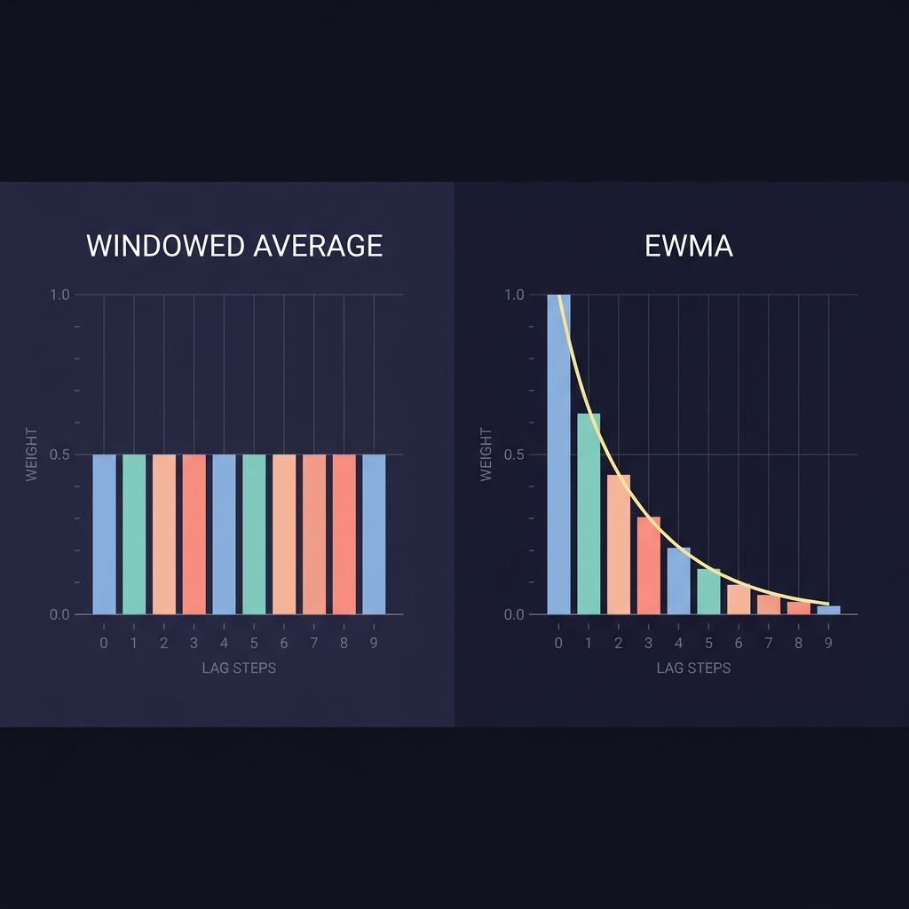 Minimalist diagram comparing windowed average and EWMA decay weights Using Rolling Averages Without Overreacting on dark Funded Plays style background with labeled axes pastel bars and a smooth decay curve