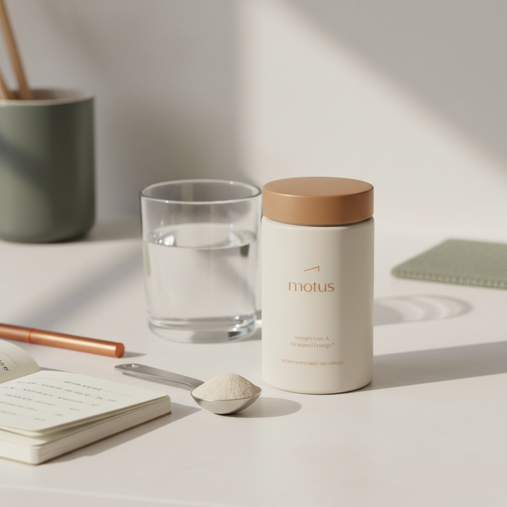 Close-up Tonum Motus supplement container on a kitchen counter with a measuring spoon of psyllium husk powder, a glass of water and a notebook—best time to take psyllium husk