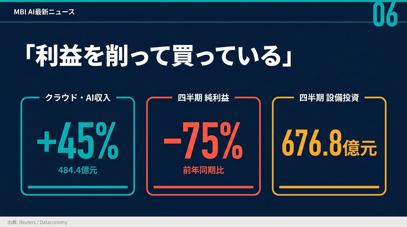 クラウドAI+45% 純利益-75% 設備投資676.8億元