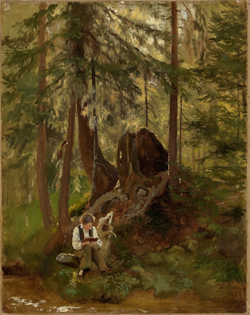 Waldinneres mit lesendem Knaben ca 1860