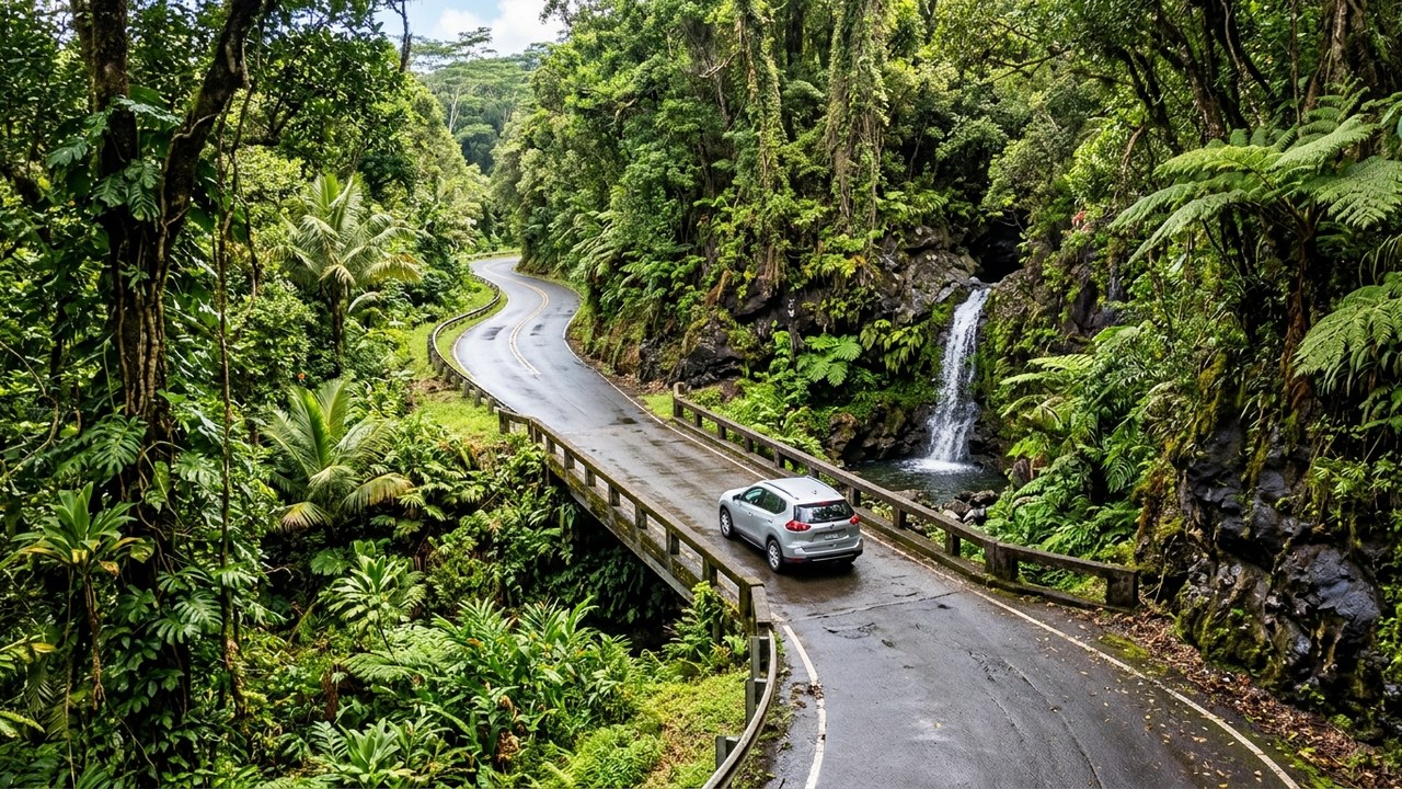 Lush rainforest canopy and waterfalls along Road to Hana in Maui Hawaii