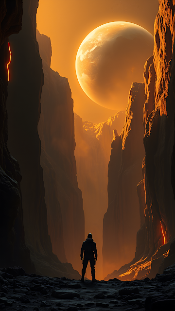 Solitary Explorer in Orange Canyon under Giant Alien Moon - Free mobile Wallpaper