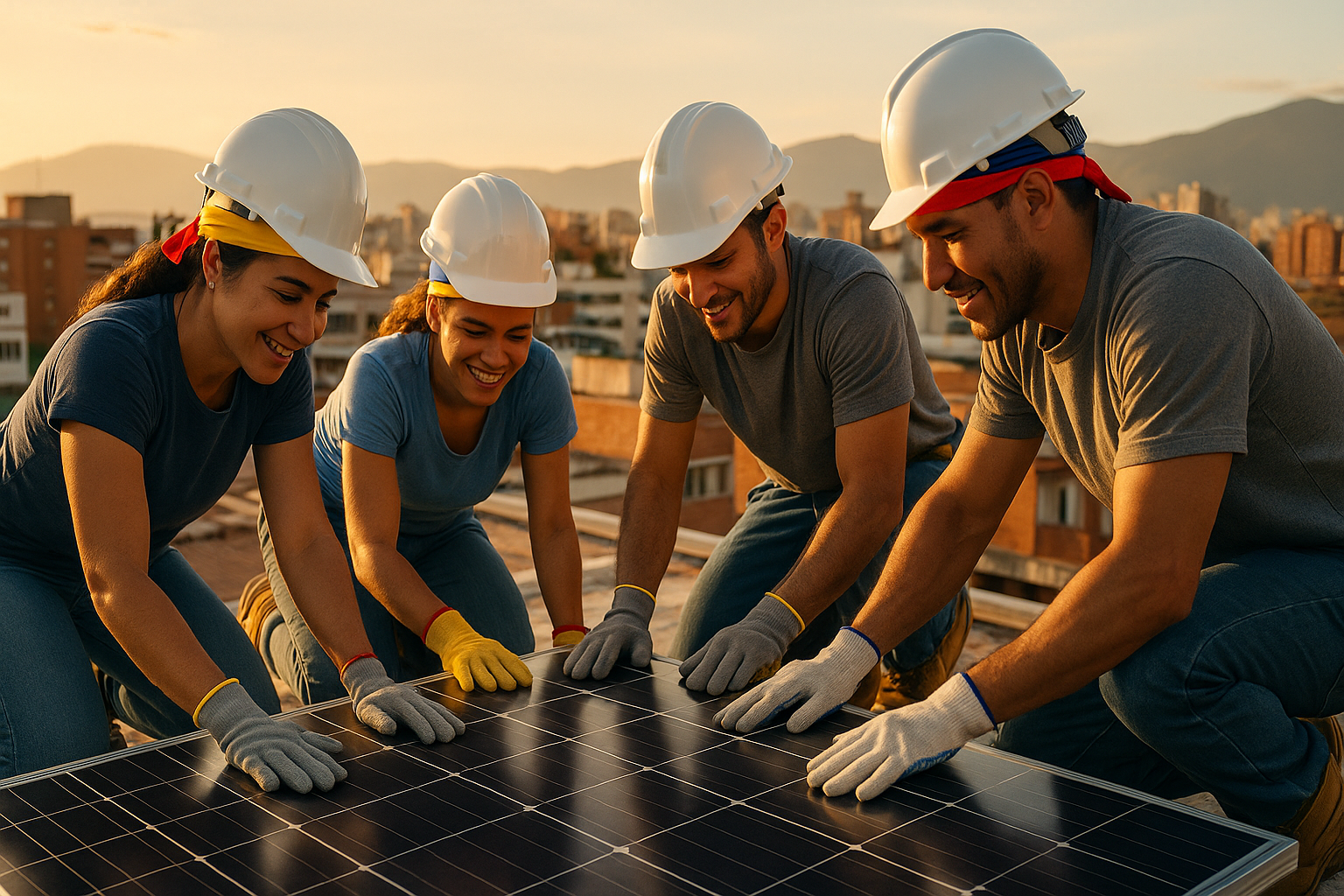 Venezolanos instalando paneles solares al atardecer, unidos