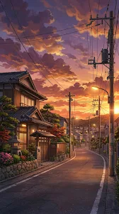 Anime-Style Illustration of a Japanese Street During a Vibrant Sunset