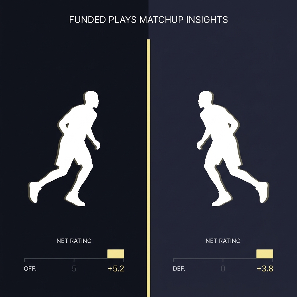 Minimalist split screen basketball graphic for bucks prediction showing a Bucks player silhouette left and a Wizards silhouette right with compact net rating bar charts and Funded Plays brand colors