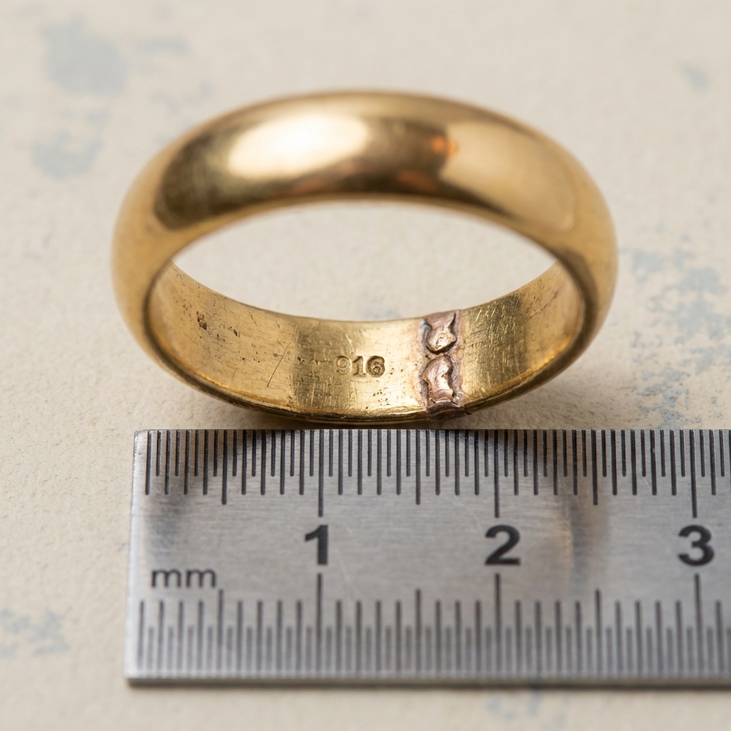 Macro full frame photograph of the inner hoop of a roman ring 916 showing a faint numeric hallmark and solder repair areas with a millimetre ruler for scale on a pale beige background