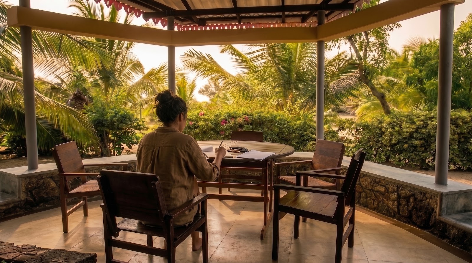 Elephant Beach Villa surrounded by palms and flowering gardens