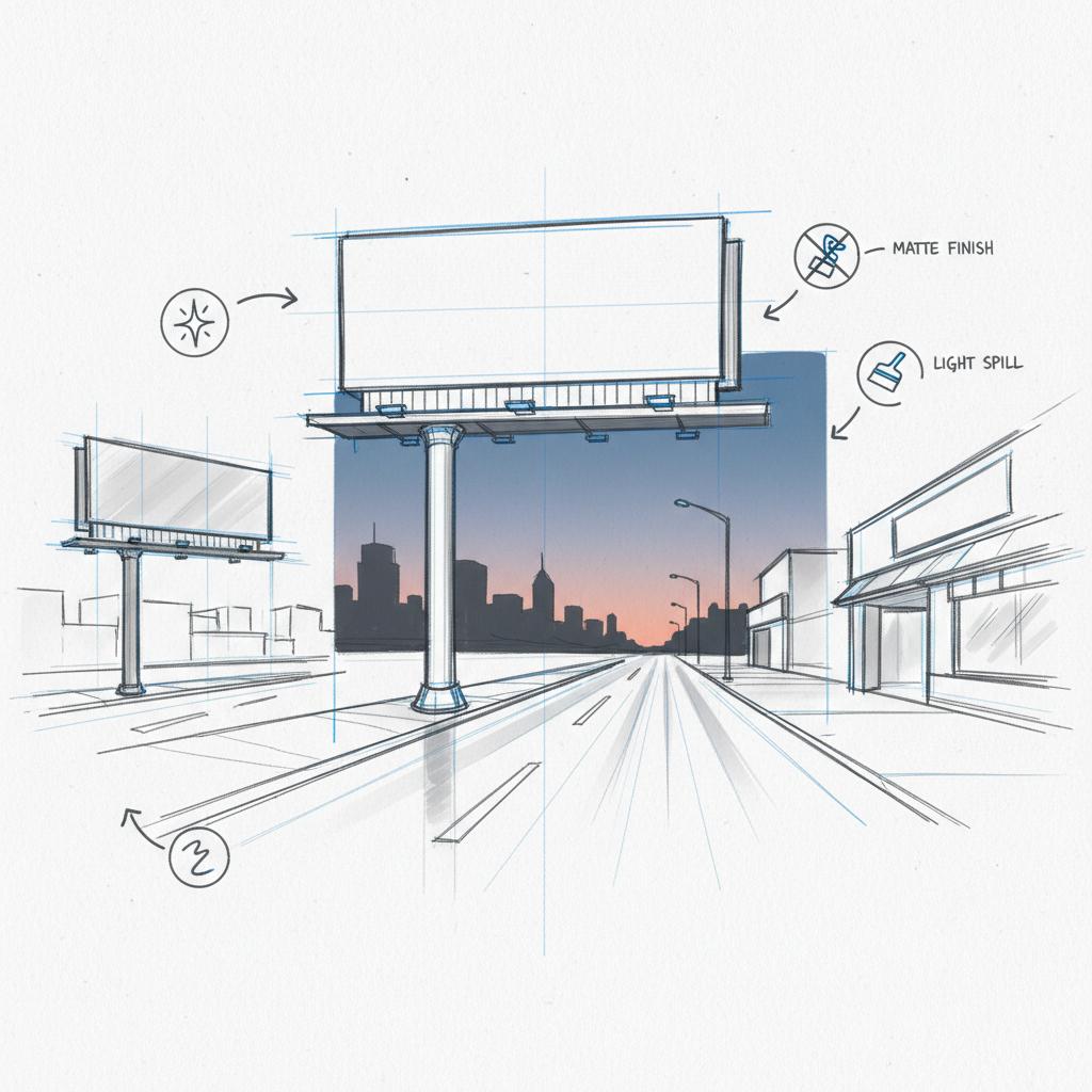 Notebook-style sketches planning a high-contrast empty urban billboard at dusk with lighting, composition and reflection studies for billboard advertising