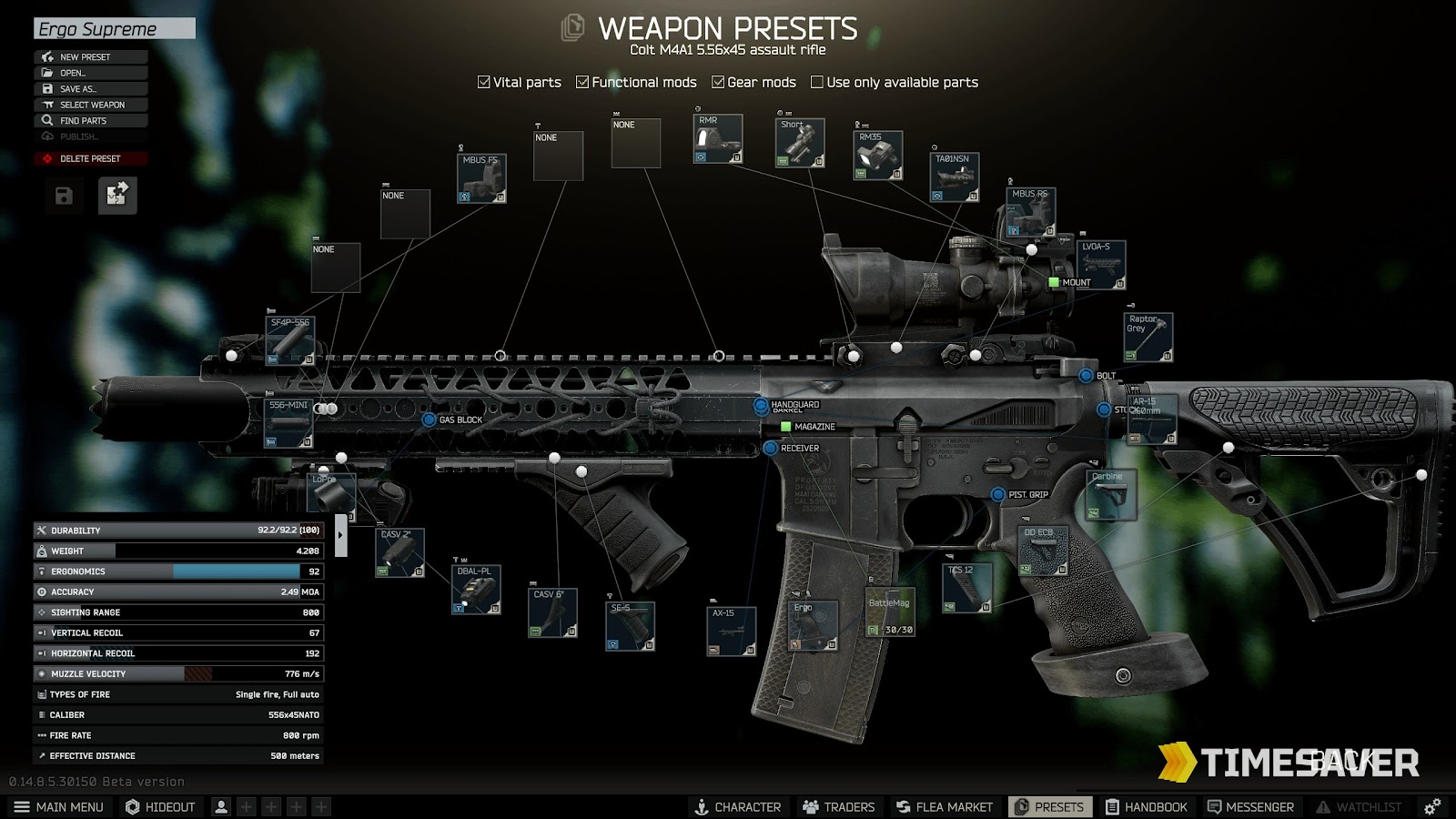 Escape from Tarkov Weapon Presets screen showing a Colt M4A1 5.56x45 build with live ergonomics and recoil values on the left — the kind of spec a late Gunsmith part demands