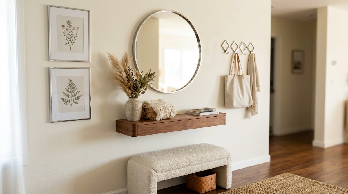 How to Brighten a Dark Entryway With Chrome Wall Decor - chrome decorative objects arranged on a warm wood console