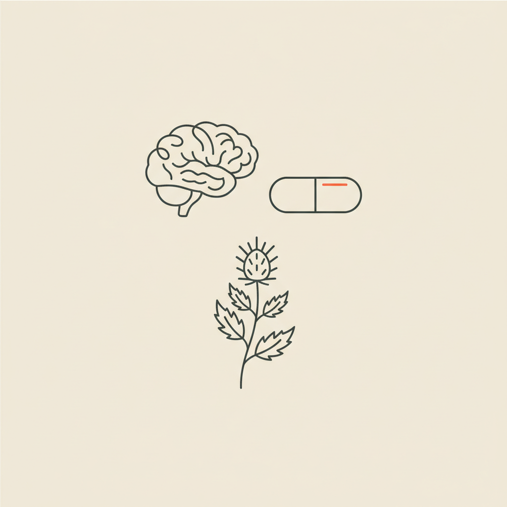 Minimalist Tonum-style line illustration of a brain, a capsule, and a milk thistle sprig on beige background (#F2E5D5), representing Prevagen and cognitive-support ingredients.