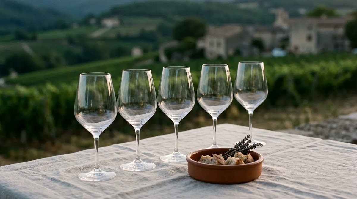 Rhone Valley wine roundup tasting setting with an elegant five-glass comparison arrangement