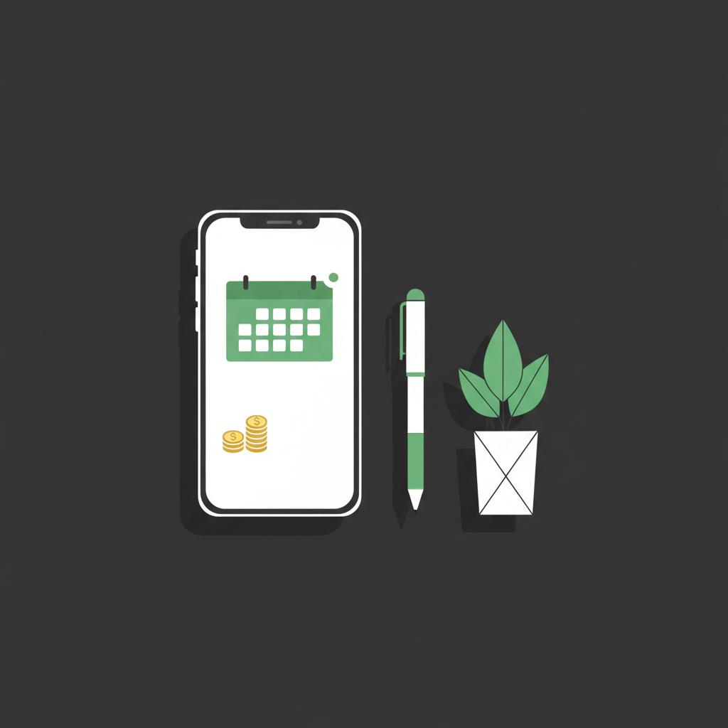 Minimalist vector smartphone calendar reminder with money icon next to pen and plant on dark background what stocks to buy as a beginner