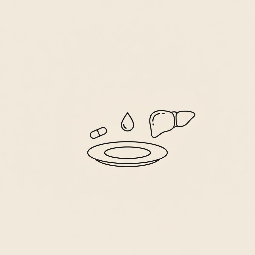 Minimalist vector line illustration of a plate with a water droplet, capsule and stylized liver on a beige background, concept for fatty liver