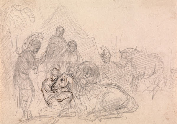 Armored men attending a fallen horse