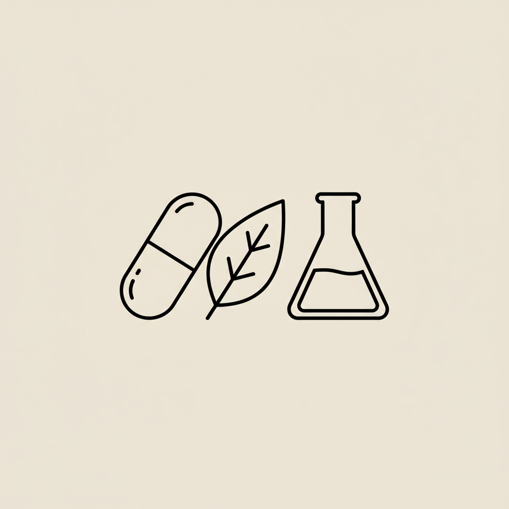 Minimal Tonum-style line illustration of a capsule, leaf, and lab beaker on beige background representing best fat burning pre-workout