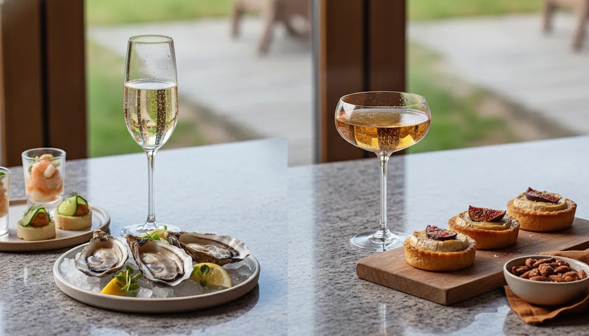 Sparkling wine comparison guide with elegant food pairing and generic sparkling wine glasses