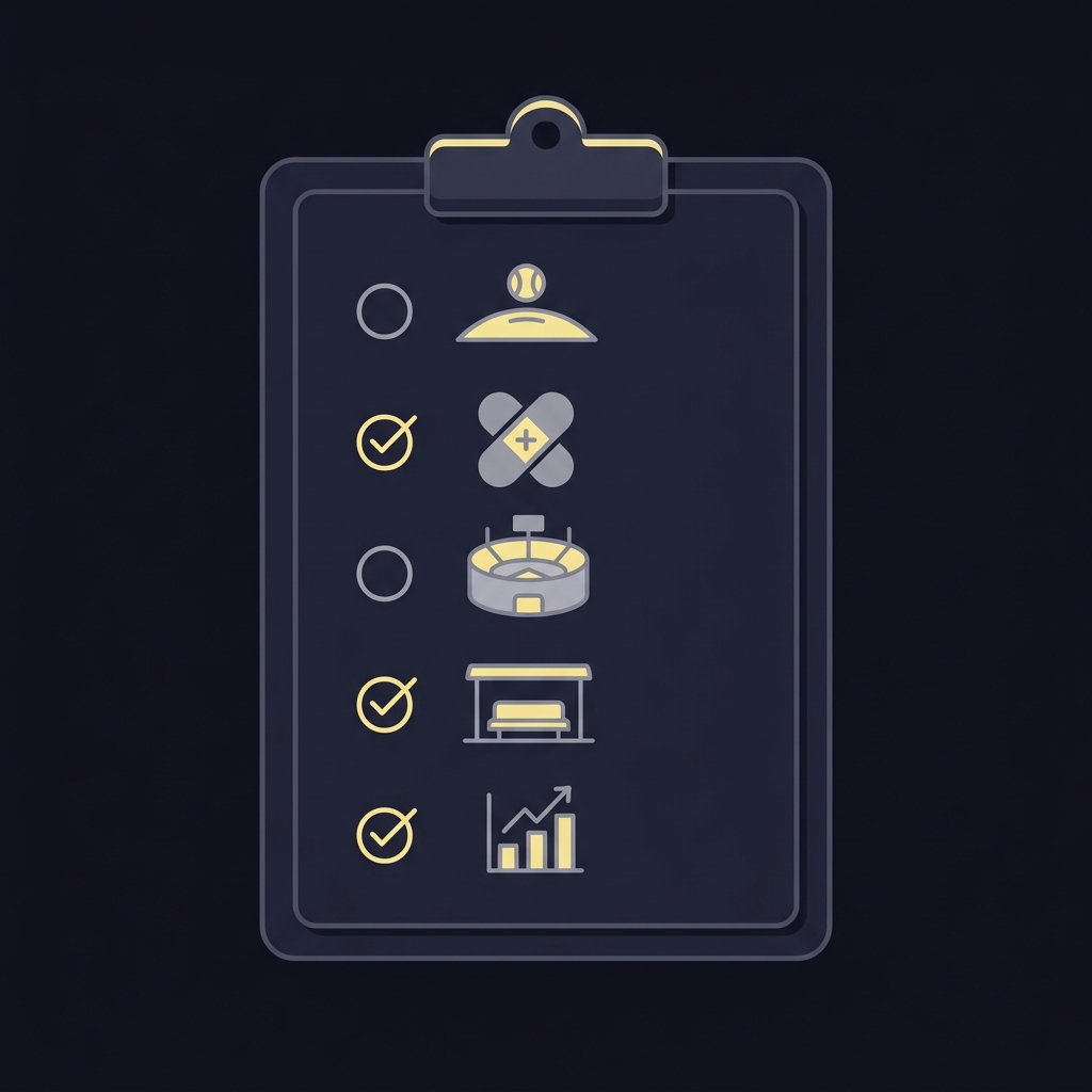 Minimal 2D vector clipboard checklist with five baseball icons for starters injuries park bullpen and market in Funded Plays palette for blue jays orioles prediction