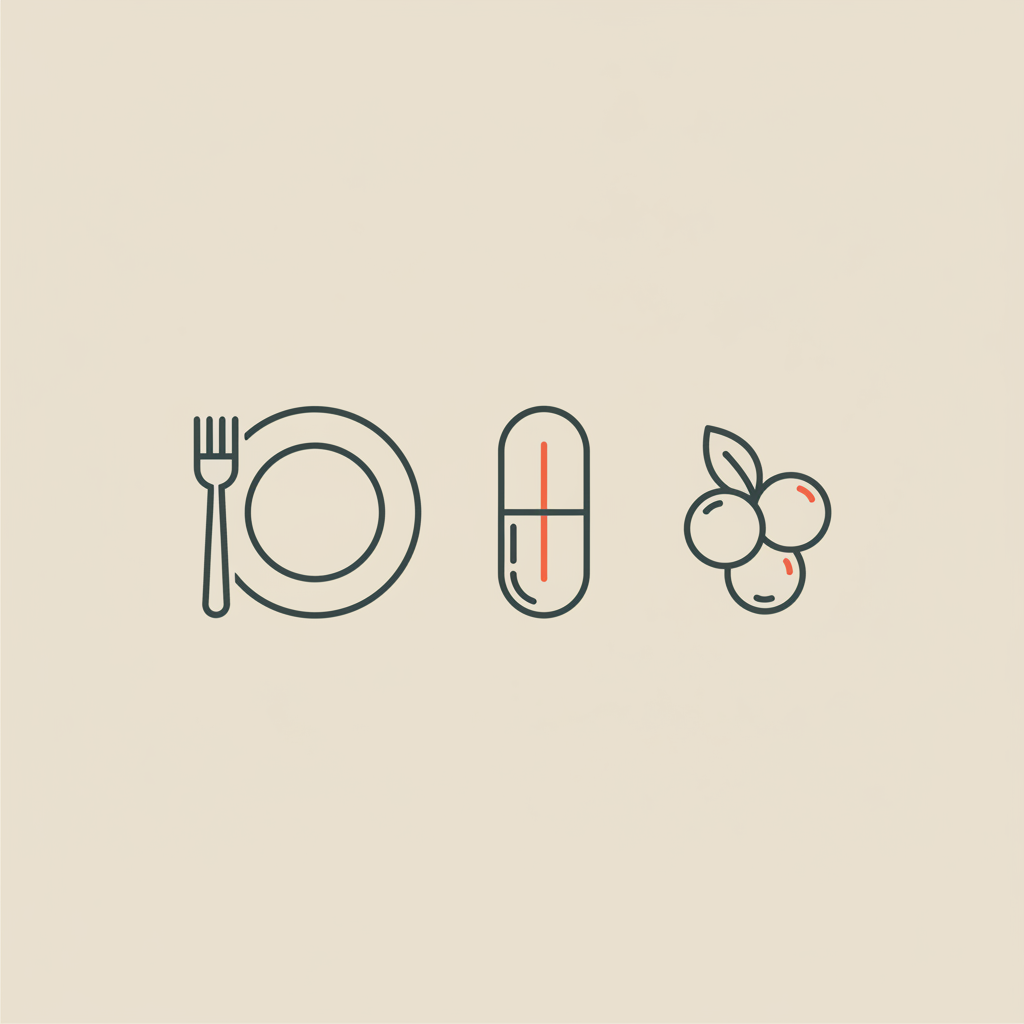 Minimal Tonum-style line illustration of a plate with fork, a capsule and a small berry cluster on beige background, representing what vitamin reduces appetite.