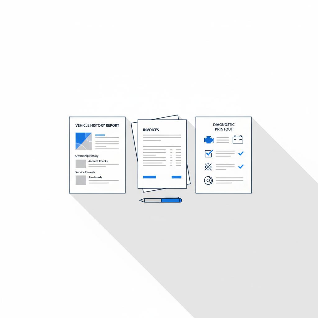 Minimal 2D vector flat lay of vehicle history report invoices and a diagnostic printout on a white table with blue accents ideal for bmw i8 for sale