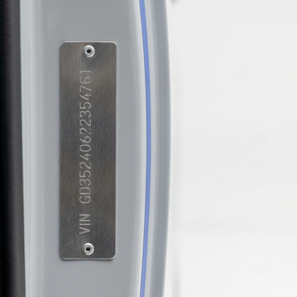 Close up of vehicle door jamb VIN plate with empty right side space for overlay text check VIN and recalls ford explorer for sale near me