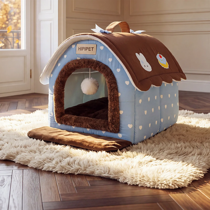 Enclosed pet house with roof, warming