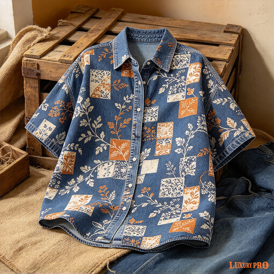 AOP Faux Denim Short Sleeve Shirt