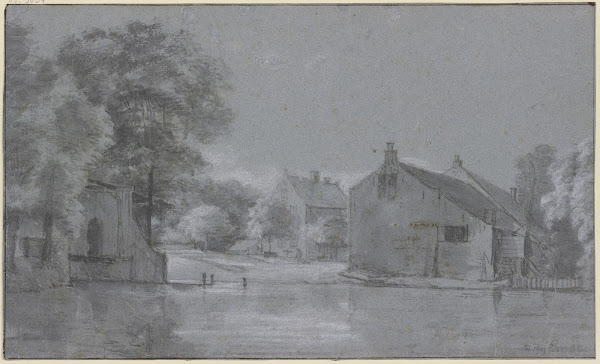 Ein Dorf mit Baumgruppen an einem Fluss