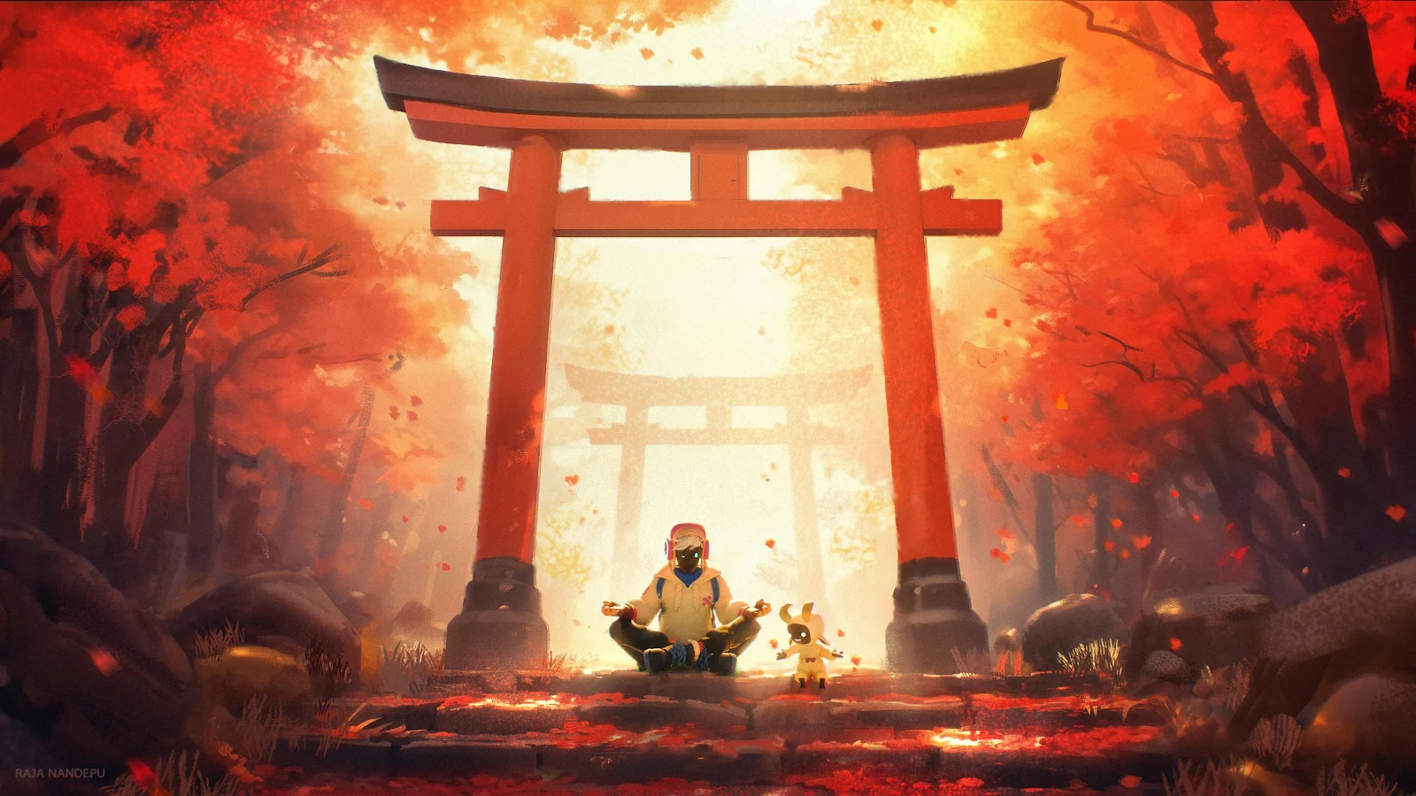 Fiery Forest Shrine Meditation Scene - Digital Fantasy Painting 4K Wallpaper (3840x2160)