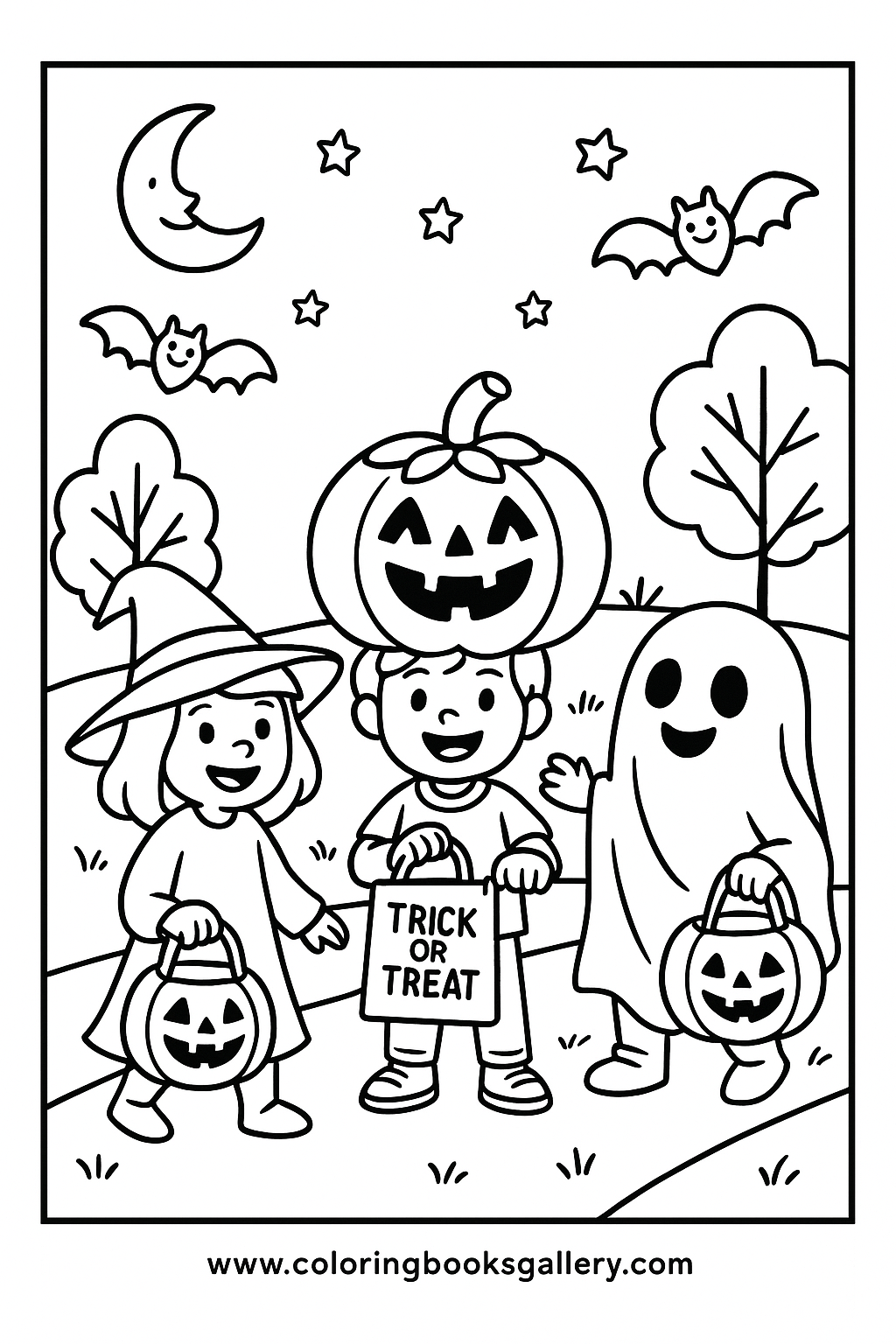 Free printable coloring sheet of kids trick-or-treating on Halloween night