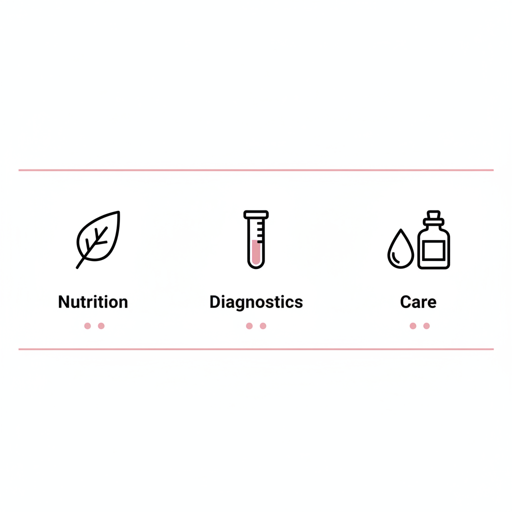 Minimalistische 2D-Vektorinfografik zu Magnesium und Nägel: drei horizontale Felder mit Icons für Ernährung, Diagnostik und Pflege in Weiß, #f57fb6 und #010101.