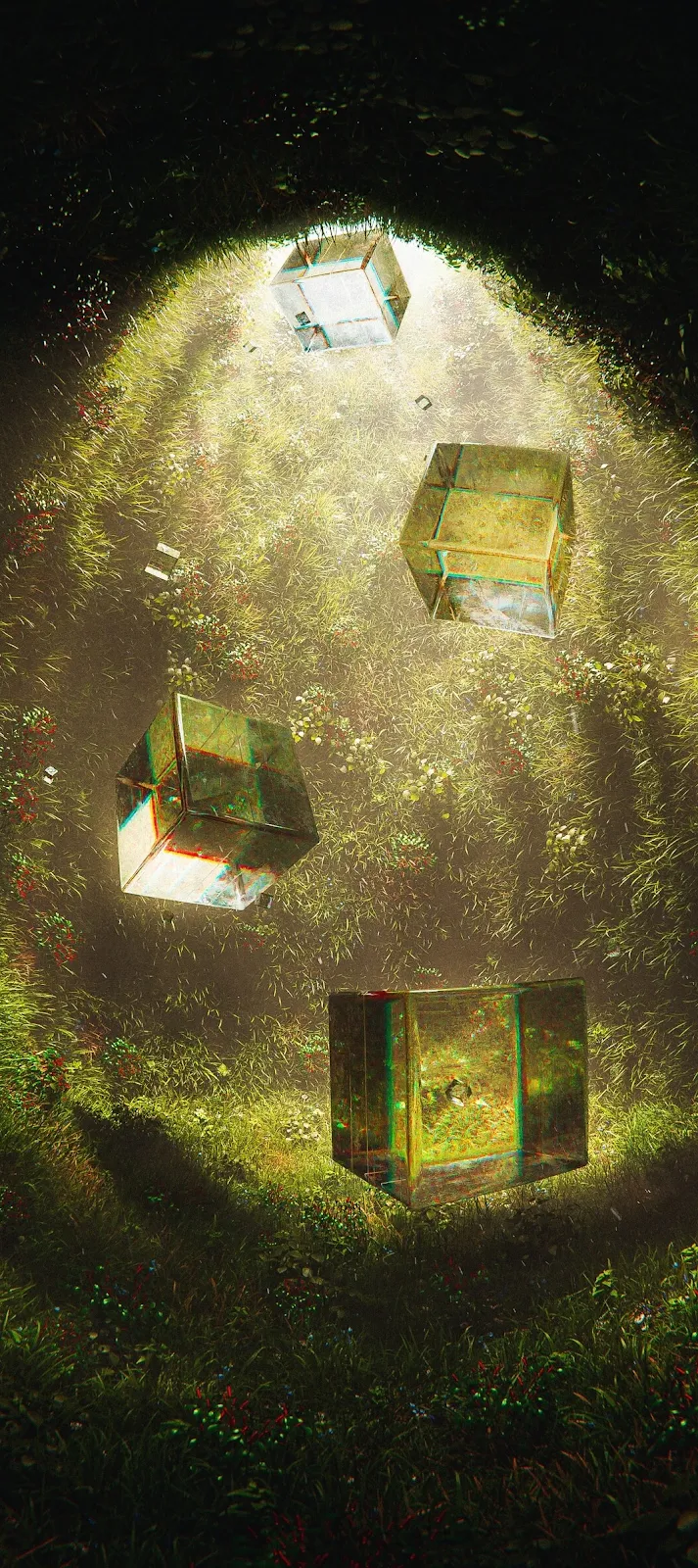 Floating Cubes in Grassy Tunnel - Surreal Digital Art iPhone Wallpaper (1063x2385)