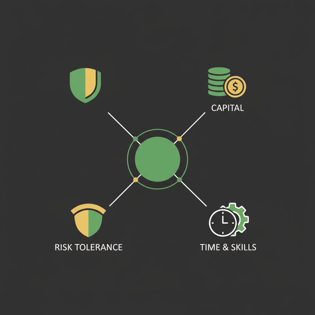 Minimal vector decision compass illustrating capital time skills and risk tolerance to guide what are good passive income ideas on dark Finance Police brand background