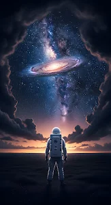 Astronaut Staring at Spiral Galaxy Above Dark Horizon