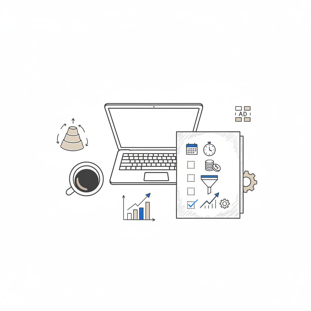 Top-down vector desk scene with closed laptop, coffee cup, and sketch-style icon-only checklist focused on ad revenue icons and funnel &mdash; is google adsense profitable 2025