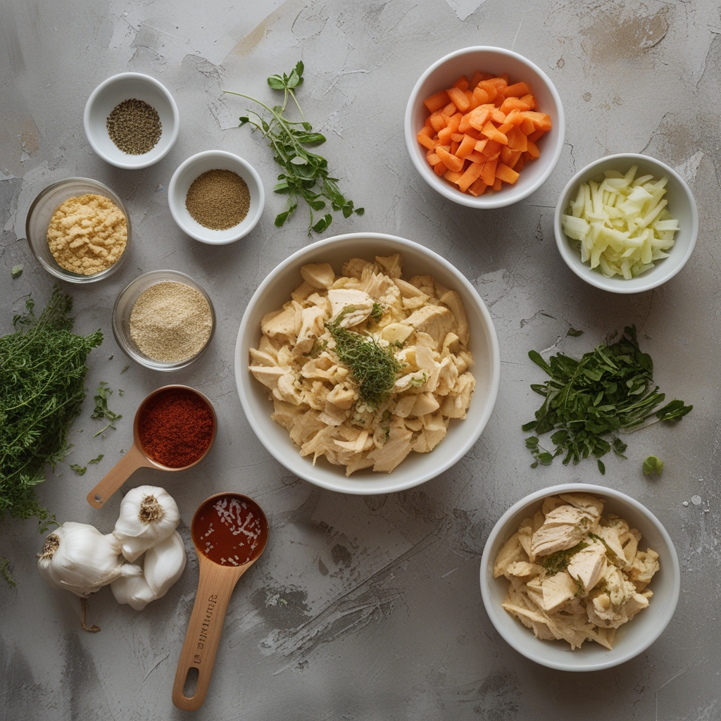 Ingredients for High-Protein Chicken Alfredo Bake for Easy Low-Carb Meal Prep with Creamy Comfort
