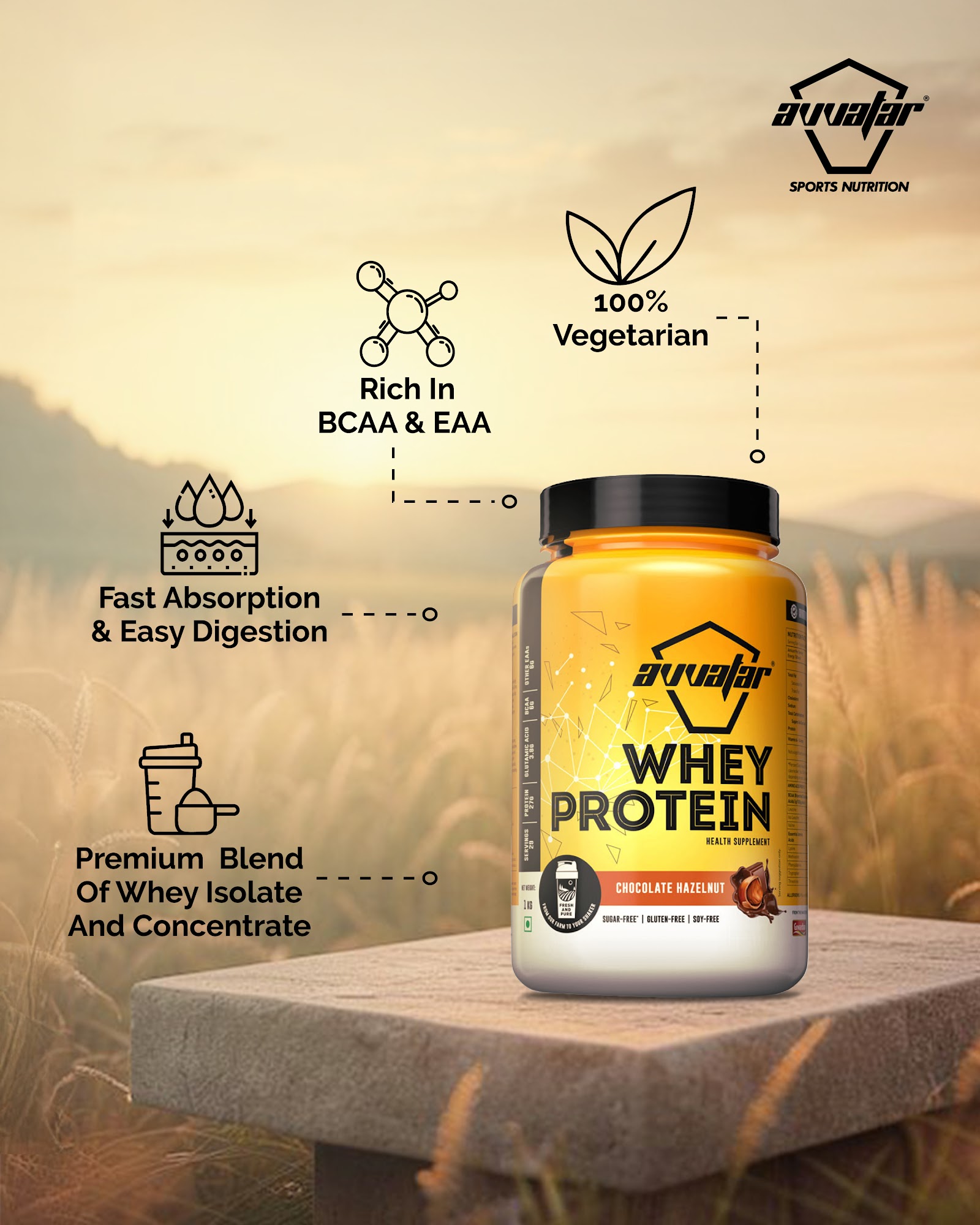 Avvatar Whey Protein Chocolate Hazelnut Flavour, 1 Kg