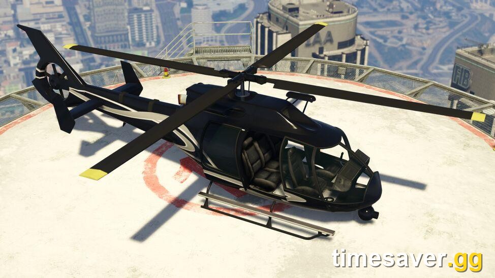 Maibatsu Frogger helicopter on a Los Santos rooftop helipad in GTA Online