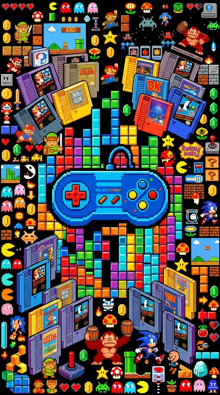 Dense Pixel Art Collage of Retro Video Game Icons and Controllers - Free 4K mobile Wallpaper