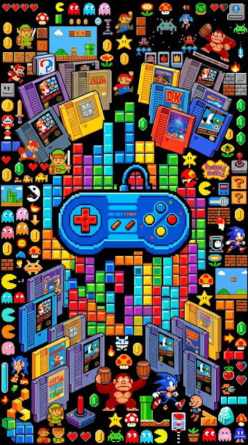 Dense Pixel Art Collage of Retro Video Game Icons and Controllers - Free mobile Wallpaper