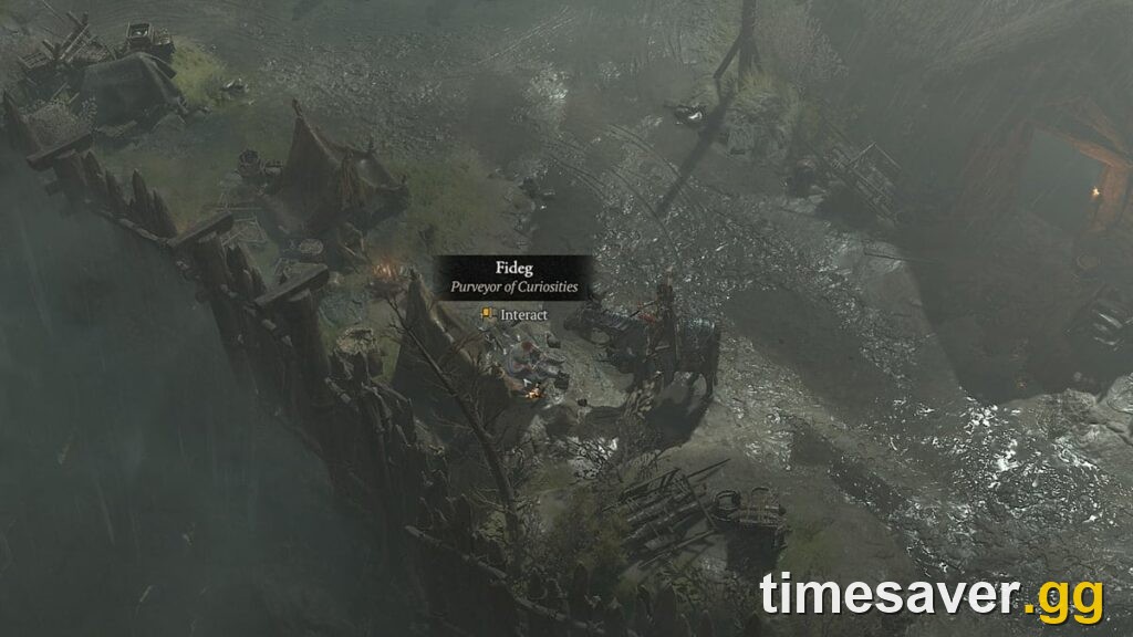Diablo 4 Purveyor of Curiosities (Fideg) vendor in an Overworld camp — gamble Obols on the pants slot for extra Tibault's Will rolls