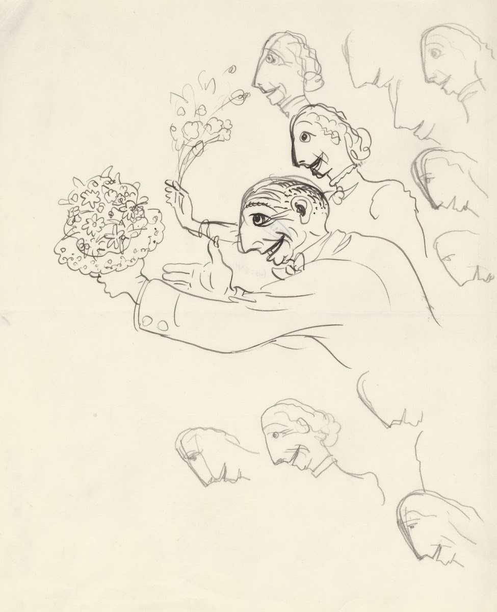 Karikatuur van Leo Gestel en zijn vrouw met bloemen in de hand 20th century