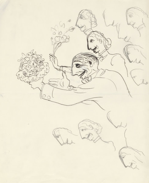 Karikatuur van Leo Gestel en zijn vrouw met bloemen in de hand 20th century