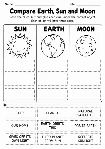 Compare Earth Sun and Moon Worksheet