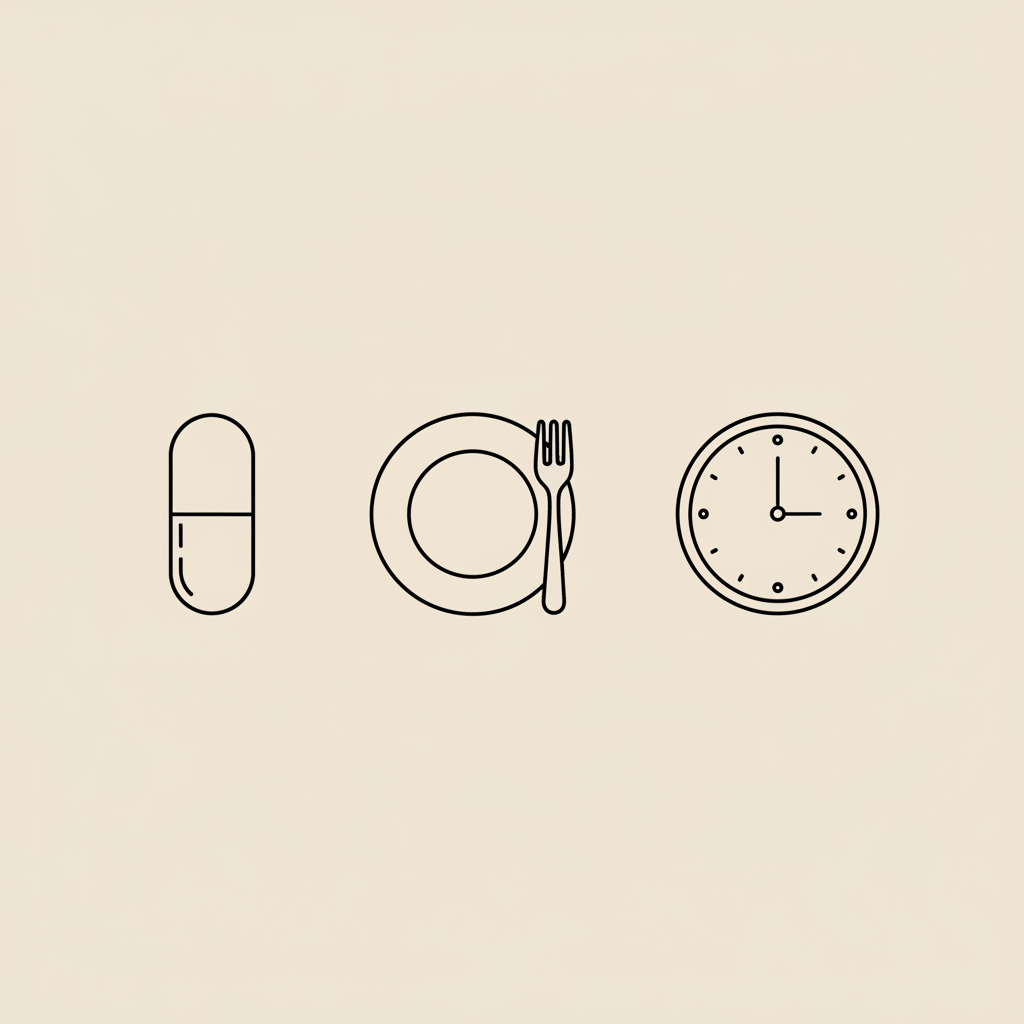 Minimal Tonum-style line vector of a capsule, small plate with fork, and a clock showing staggered times on a beige background — what not to mix magnesium glycinate with