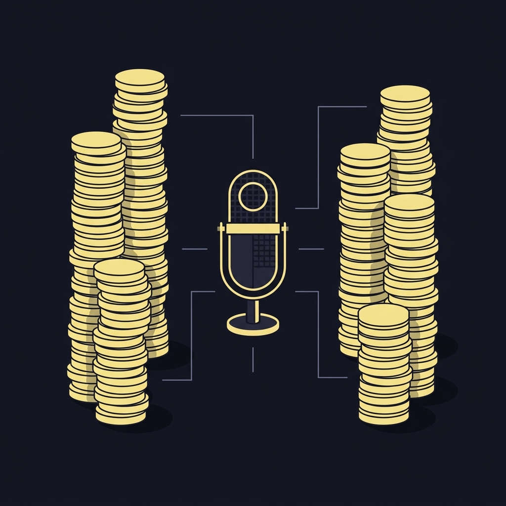 Minimalist 2D vector infographic showing two columns of stacked coins and a microphone representing endorsements and media income related to nfl odds of winning the super bowl