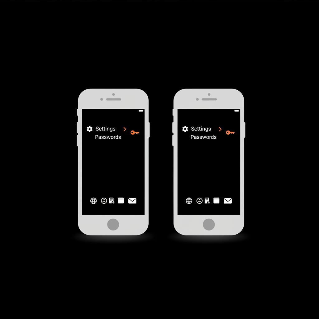 Minimal vector infographic of two phones side-by-side showing arrows to Settings → Passwords and browser icons to view email password on phone, black background with orange accents.