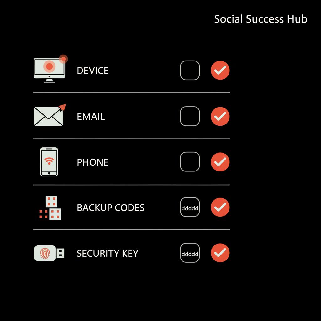 Minimal checklist infographic with device, email, phone, backup codes, and hardware key icons on a black background showing steps to recover gmail account